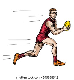 Sketchy Cartoon Comics Style Raster Isolated Illustration Of Australian Rules Football Player. Hand Drawn Sporty Man Playing Aussie Rules, Afl.