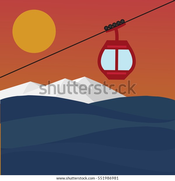 Ski Lift Gondola Snow Mountains sea on the sun \
sunset landscape