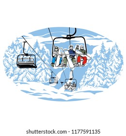 Ski Lift Over Snowy Mountain