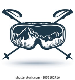 Ski, Snowboard glasses, crossed ski poles. Extreme sports logo. The reflection of the mountain slopes with glasses. Isolated on a white background. Illustration