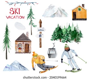 Ski Vacation Watercolor Elements Set. Template For Decorating Designs And Illustrations.