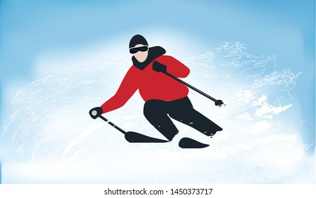 Skier In A Whirlwind Of Snow - Blue Background - Illustration Extreme Sports