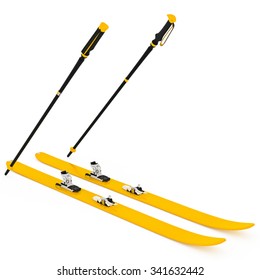 Skiing Orange, Fixation And Ski Poles. 3D Graphic Isolated Object On White Background