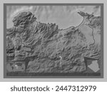 Skikda, province of Algeria. Grayscale elevation map with lakes and rivers. Locations of major cities of the region. Corner auxiliary location maps