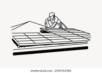 A skilled male worker, depicted in a minimalist style, installs solar panels on a roof. The male worker carefully places solar panels, showcasing expertise in solar panel installation. - Powered by Shutterstock