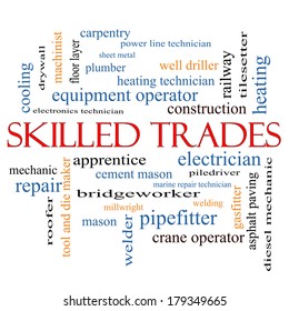 Skilled Trades Word Cloud Concept With Great Terms Such As Plumber, Welding, Mason And More.