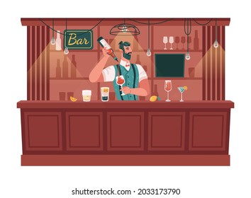 Skillful bartender serving cocktails and mixing drinks. Barman with glasses and bottles of alcohol, bar or pub. Barkeeper or waiter working at night. Flat cartoon character illustration - Powered by Shutterstock