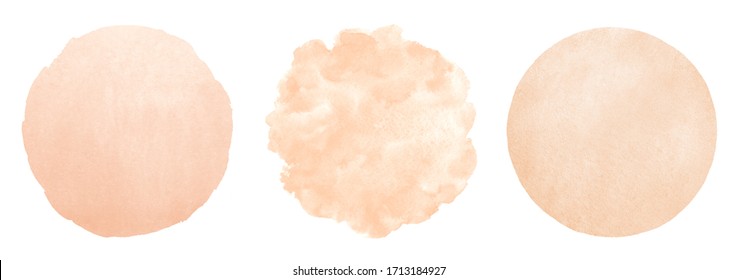 Skin, Body, Foundation Color Watercolor Circle Shapes Set. Natural Rose Beige, Light Brown Round Backgrounds With Watercolour Stains. Painted Text Frames. Hand Drawn Abstract Aquarelle Fill, Texture.