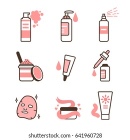 Skin care routine icons set in line style. 