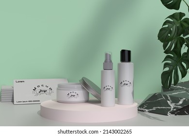 Skin Care Set Product Mocup With Poduim Stage And White Background,3D Render With Adobe Dimension