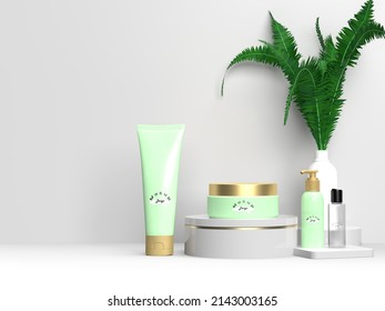 Skin Care Set Product Mocup With Poduim Stage And White Background,3D Render With Adobe Dimension