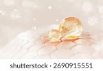 Skin cells with red patch and argan oil drops texture. Epidermis layer with gold liquid serum droplets, collagen gel with bubbles, yellow honey face mask. Cosmetic skincare background. 3D Illustration