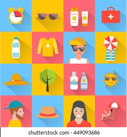 Skin Protection And Sun Safety Icons Set, Illustration. With Sunscreen, Water, Hat, Sunglasses, Tanning People, Etc.