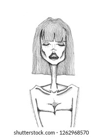 Skinny girl. Ink pen illustration. Black and white picture. Diet, eating disorder, problems with nutrition. Thin, skinny, unhealthy model. Health problems. Nervous and unsatisfied. 