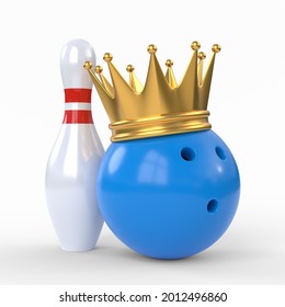 Skittles and blue bowling ball crowned with a gold crown isolated on white background. 3D rendering illustration