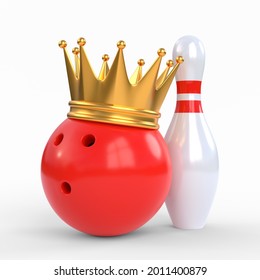Skittles and red bowling ball crowned with a gold crown isolated on white background. 3D rendering illustration