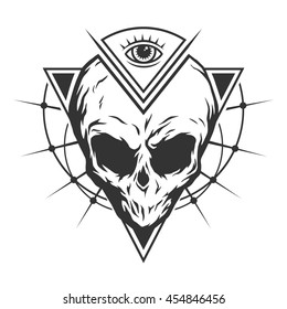 The skull is an alien and all-seeing eye with geometric elements. Illustration vector copy. 