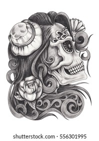 Skull art day of the dead.Art design women skull head action smiley face day of the dead festival hand pencil drawing on paper.