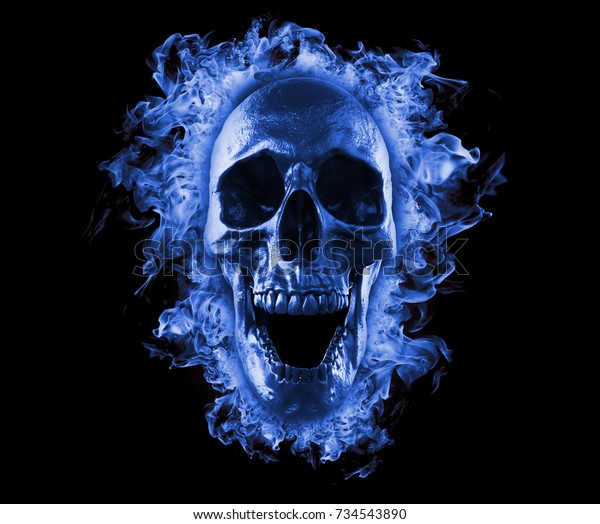 青い火の壁紙3dレンダリングに頭蓋骨 のイラスト素材 734543890