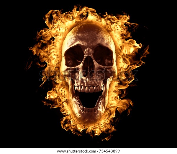 火で燃やした頭蓋骨の壁紙3dレンダリング のイラスト素材 734543899