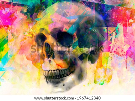 skull with colorful creative abstract elements on light background, close view 