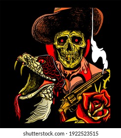 Skull cowboy with  snake , gun, flower , western 