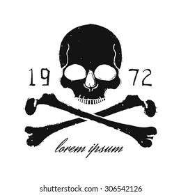 Skull And Crossbones Vintage Black Emblem. Print Grunge Raster Illustration