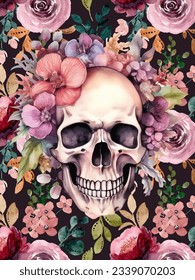 A SKULL WITH FLOWERS AROUND IT IN A VECTOR ILLUSTRATION