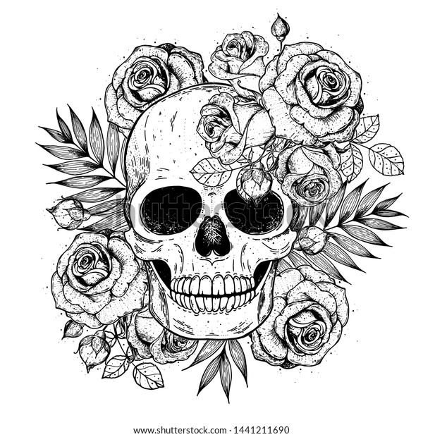 Skull Flowers Hand Drawn Illustration Tattoo Stock Illustration 1441211690