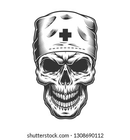 Skull In Nurse Hat. Vintage  Illustration