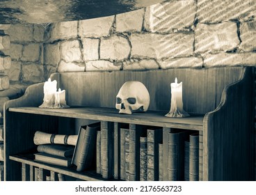 Skull On The Alchemy Lab Background, 3d Illustration