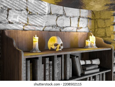 Skull On The Alchemy Lab Background, 3d Illustration