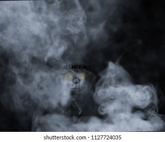 A Skull On A Background Of A Smoke To Not Smoke, A Dark Background, A Skull In The Background. Still Life With Human Skull And Cigarette People Smoke Cigarette Concept