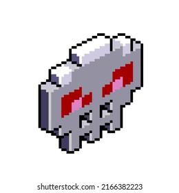 Skull With Red Eyes Cartoon Isometric  Pixel Art