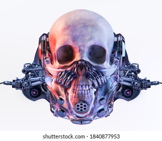 Skull With Respirator Mask Isolated On White Background, T Shirt Hipster Print Emblem. Textured Skull In Gas Mask Graphic, Halloween Technology, Robotic, Soldier Artwork, 3d Poster Design Illustration