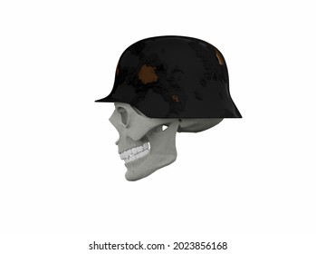 Skull In A Rusty Hard Hat Side View. 3D Render 