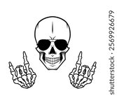 Skull with skeleton rock horns, devil horns on white background. Isolated illustration.