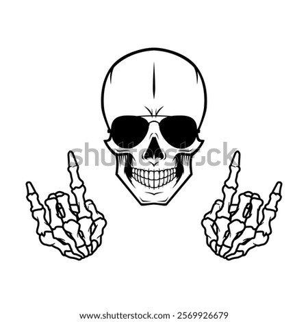 Skull with skeleton rock horns, devil horns on white background. Isolated illustration.