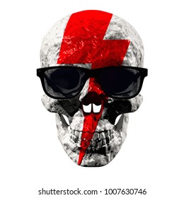 Skull In Sunglasses With A Print Of A Red Lightning. 3d Rendering Illustration. Isolated On White Background