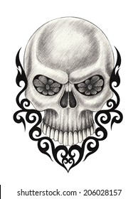 Skull Tattoo Hand Drawing On Paper Stock Illustration 206028157 ...