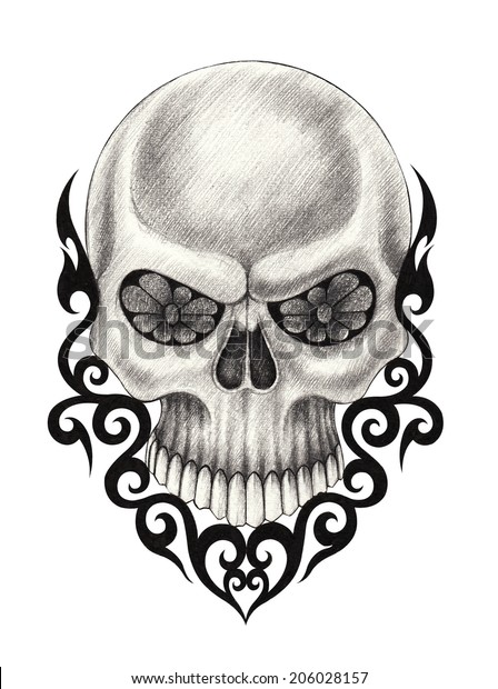 Skull Tattoo Hand Drawing On Paper Stock Illustration