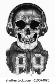 Skull Vintage With Headphones ,New York  Illustration, Photo Print, Montage