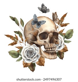 Skull with white roses, green and autumn leaves, butterflies. Watercolor illustration hand drawn in gothic style. Suitable for Halloween design and decoration, cards, invitations, posters, packaging - Powered by Shutterstock