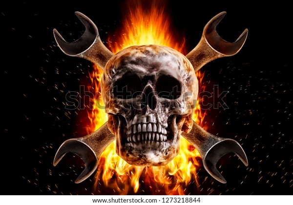 Skull and wrench on fire on a\
black background. Photo manipulation artwork, 3D\
rendering.
