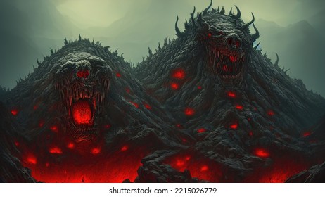 Skulls in lava  surrealism is scary monster made lava pile skulls  3d illustration