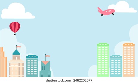 The sky above the city, a pink airplane and a red hot air balloon float among the fluffy white clouds. The overall mood is cheerful and fun, capturing a sense of urban exploration and leisure travel. - Powered by Shutterstock