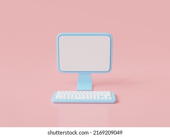 Sky blue computer display  blank screen display icon isolated on pink background with copy space. Modern desktop PC. cartoon minimal style. 3d rendering illustration