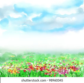 Sky  clouds  huge green field  flower  spring  summer landscape  Drawing is executed in equipment water color