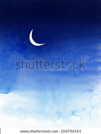 sky with moon and stars painted in water colors 