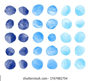 Sky, Navy, Dark Blue Watercolor Round Spots, Dots Design Elements Set. Watercolour Water Drops Collection, Uneven Circle Shape Stains, Smears, Brush Strokes. Hand Drawn Painted Marine, Sea Background.